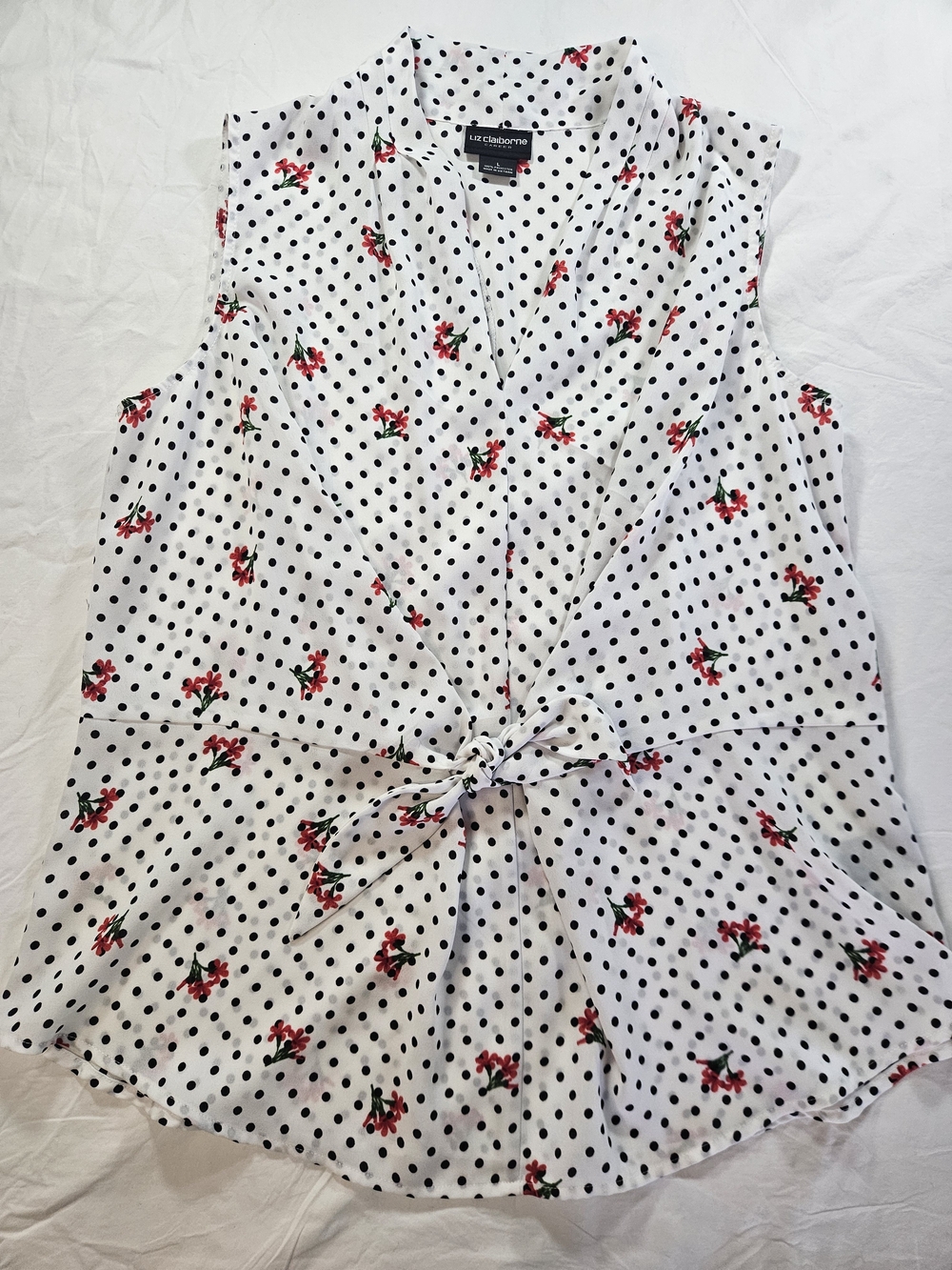 Liz Claiborne Career Sleeveless Blouse White w/ Black Polka Dots & Red Flowers L